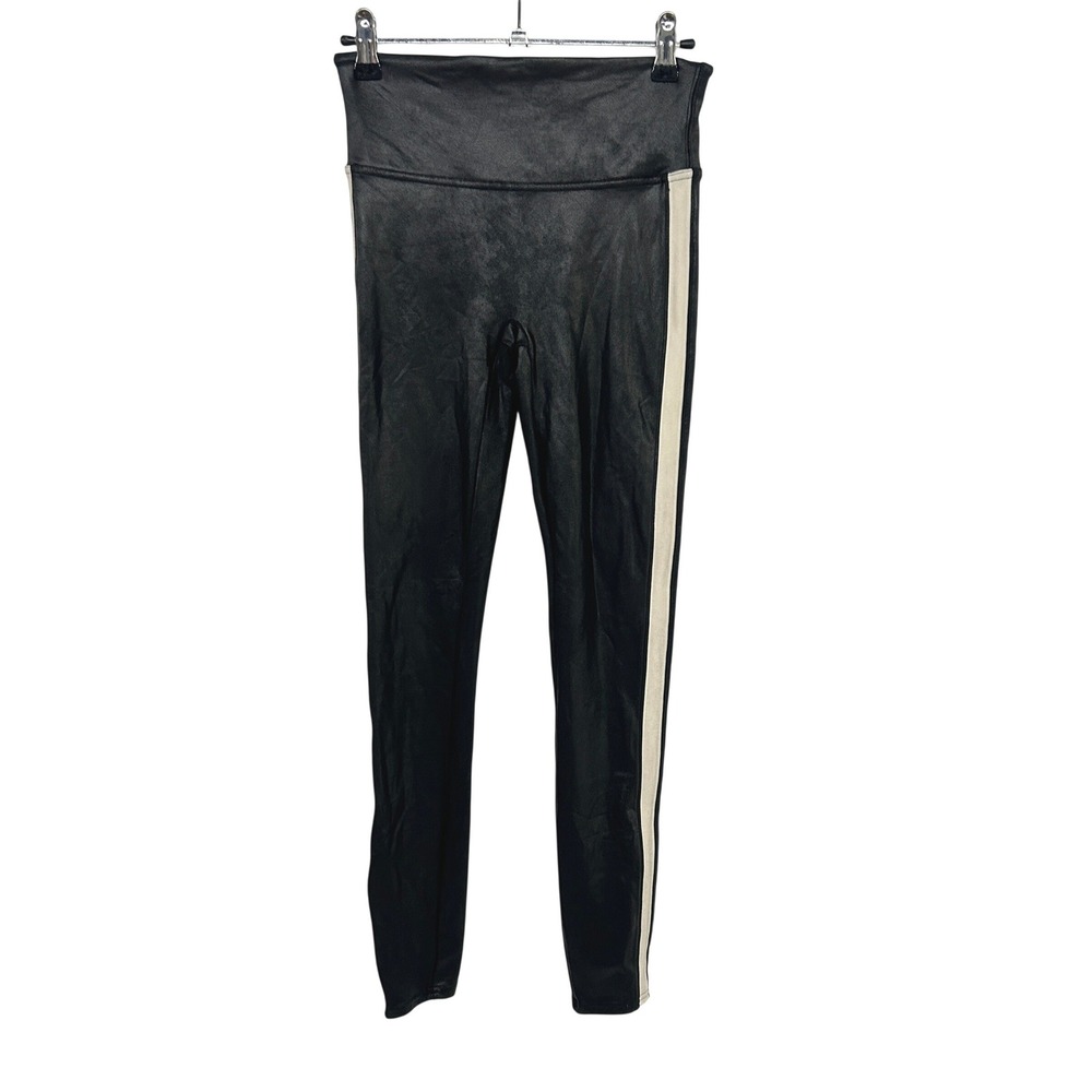 Spanx‎ Faux Leather Leggings Small Black Ivory Side Stripe High Rise Athleisure